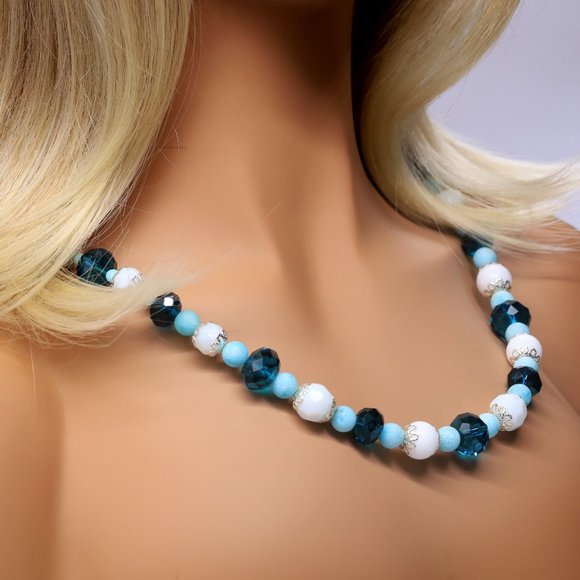 Necklace Crystal Milk Glass Beads Amazonite Stones Silver Bead Capping - Picture 2 of 3